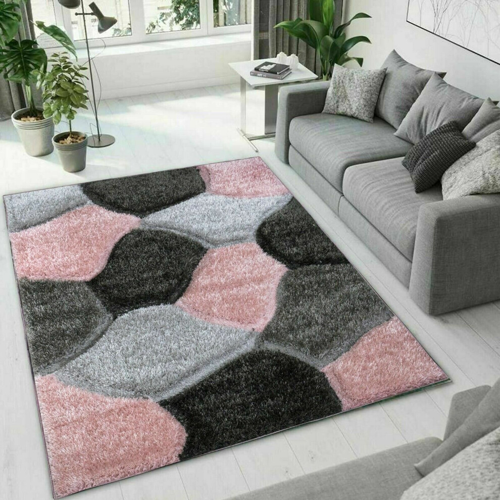 (Pink-Grey , 160 x 230 cm ) Modern Shaggy Hallway Runner Living Room PONA Rugs