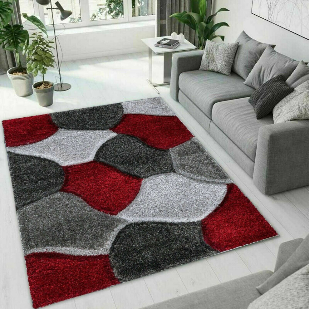 (Red-Grey, 200 x 290 cm ) Modern Shaggy Hallway Runner Living Room PONA Rugs