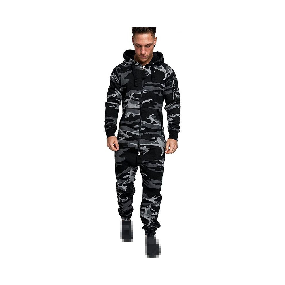 (Gray Camo, 2XL) Herren Overall Jumpsuit Jogging Cargo-Style Onesie Sportanzug