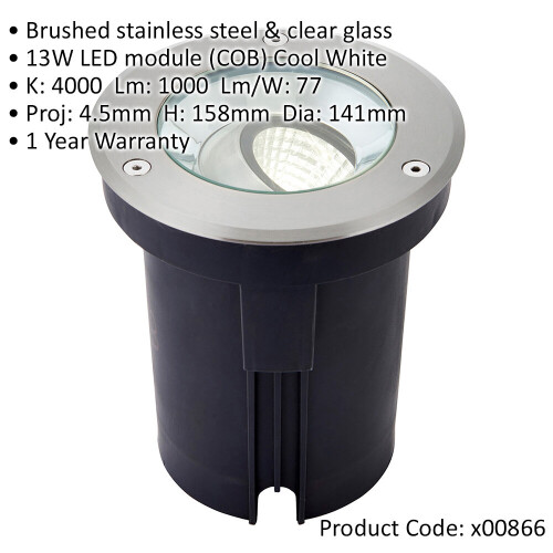 Loops Stainless Steel IP67 Ground Light - 13W Cool White LED - Tilting Head 1