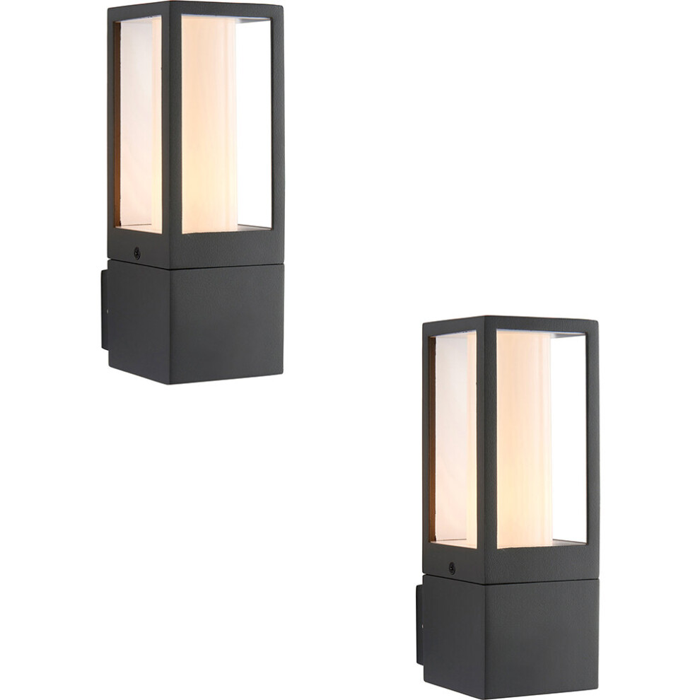 Loops 2 Pack Outdoor Box Lantern Wall Light - 7W Led Gu10 - Textured Grey & Opal Pc
