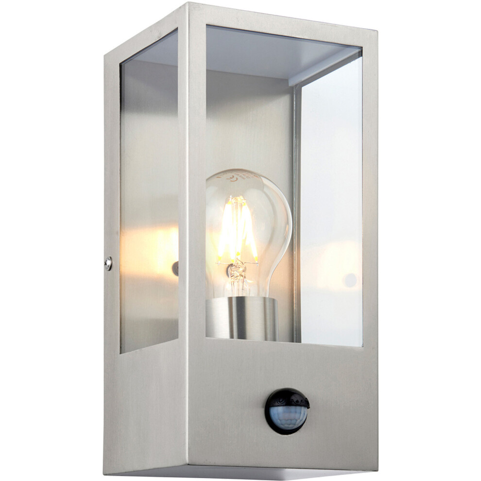 Outdoor Glass Box Style Wall Light with PIR - 28W Eco GLS LED - Brushed Steel