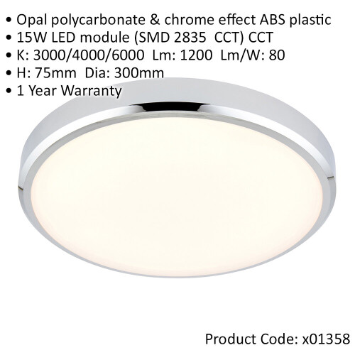 Loops Flush Bathroom Wall OR Ceiling Function Light - 15W CCT LED - Chrome 1