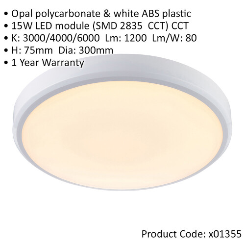 Loops Flush Bathroom Wall OR Ceiling Function Light - 15W CCT LED - White 1