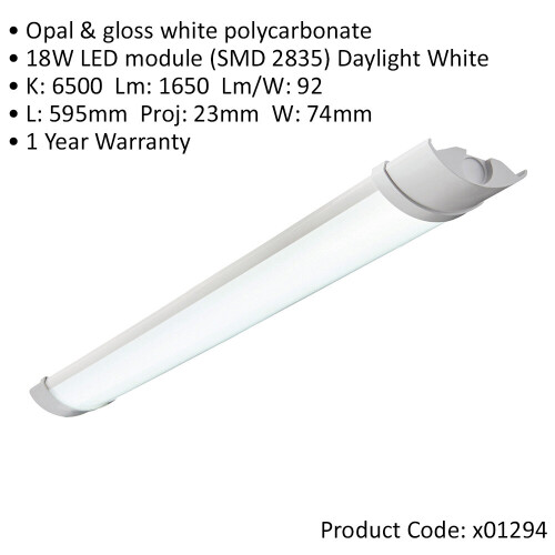Loops 2ft IP65 Batten Light - 18W Daylight White LED - Opal & Gloss White Pc 1