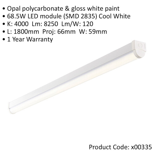 Loops 2 PACK 6ft High Lumen Batten Light - 68.5W Cool White LED - Gloss White & Opal 1