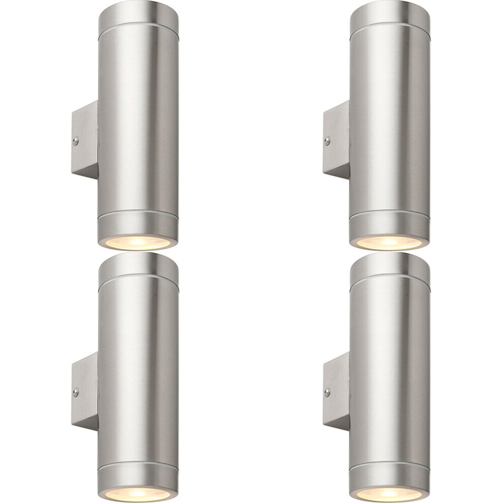 4 PACK Up & Down Twin Outdoor Wall Light - 2 x 7W GU10 LED - Brushed Steel