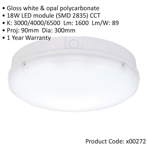 Loops Gloss White IP65 Bulkhead Light - 18W CCT LED Module - Emergency LED 1