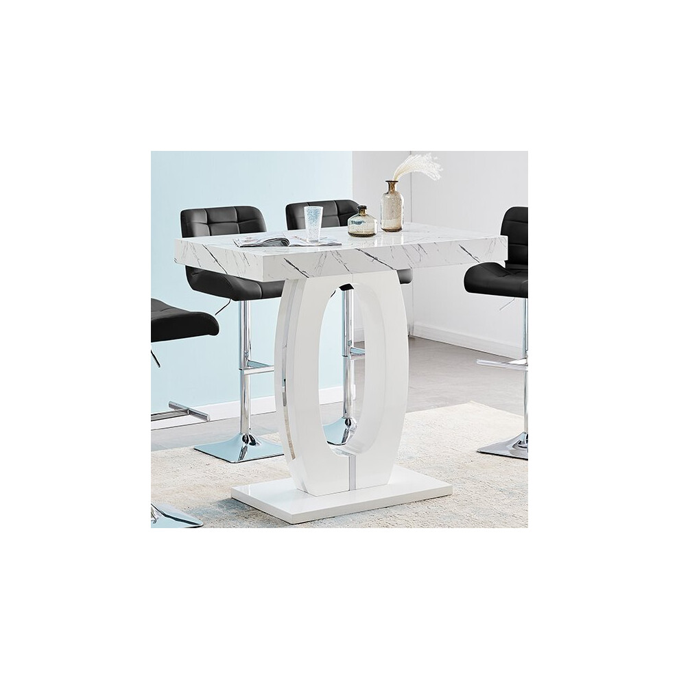 Halo High Gloss Bar Table In White And Vida Marble Effect