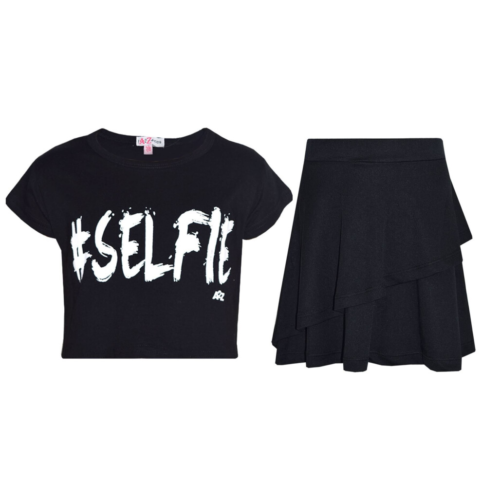 (11-12 Years, Selfie Black) Kids Girls Crop Top & Fril Skirt Skater Set 7-13