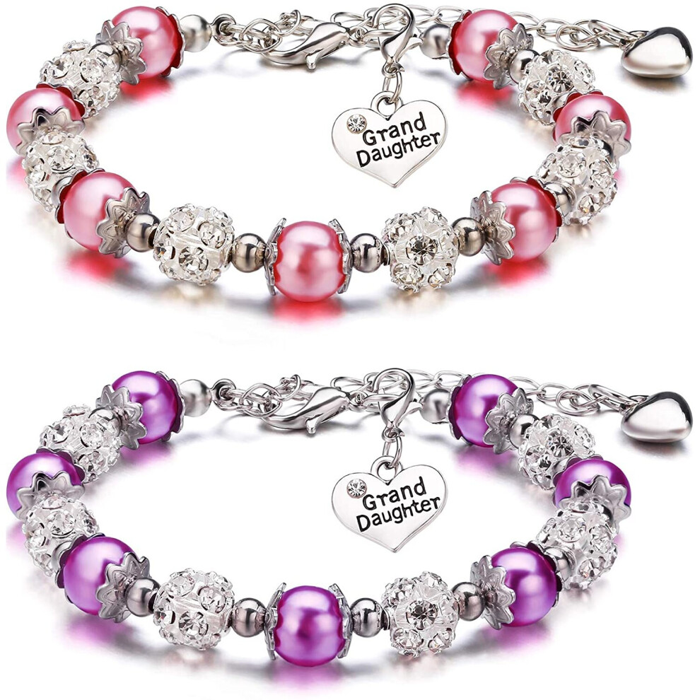 2 Pieces Granddaughter Bracelets Charm Heart Pendant Rhinestone Crystal Balls Faux Pearls Jewelry Gift