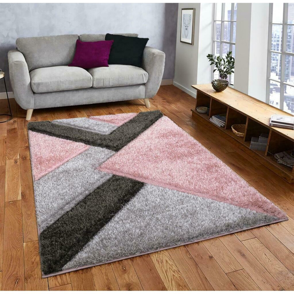 (Pink-Grey, 120 x 170 cm ) Modern Shaggy Hallway Runner Living Room NOVA Rugs