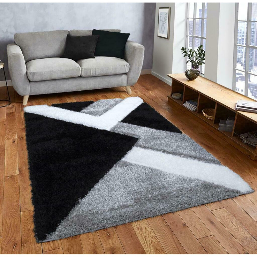 (Black-White, 200 x 290 cm) Modern Shaggy Hallway Runner Living Room NOVA Rugs