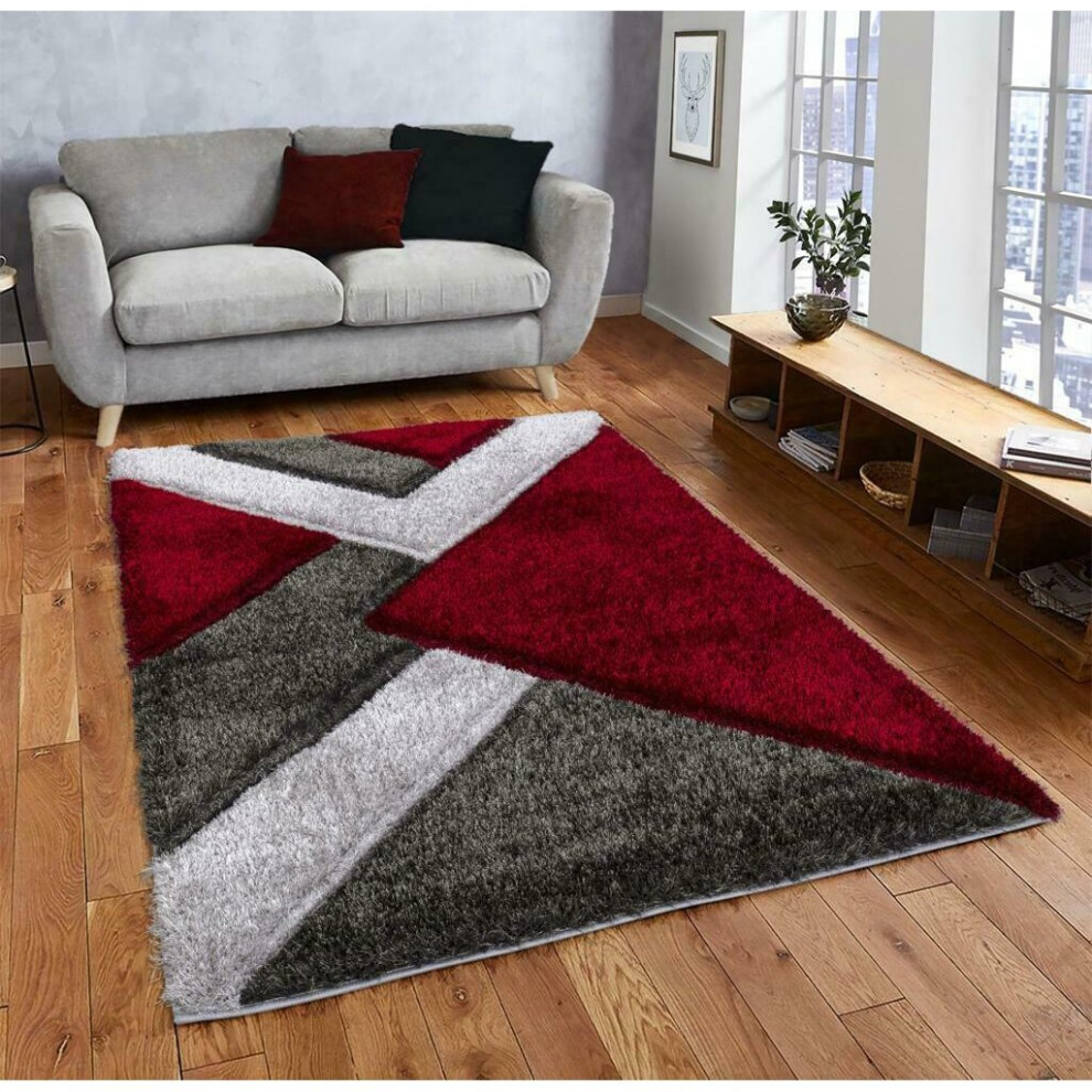 (Red-Grey, 160 x 230 cm ) Modern Shaggy Hallway Runner Living Room NOVA Rugs