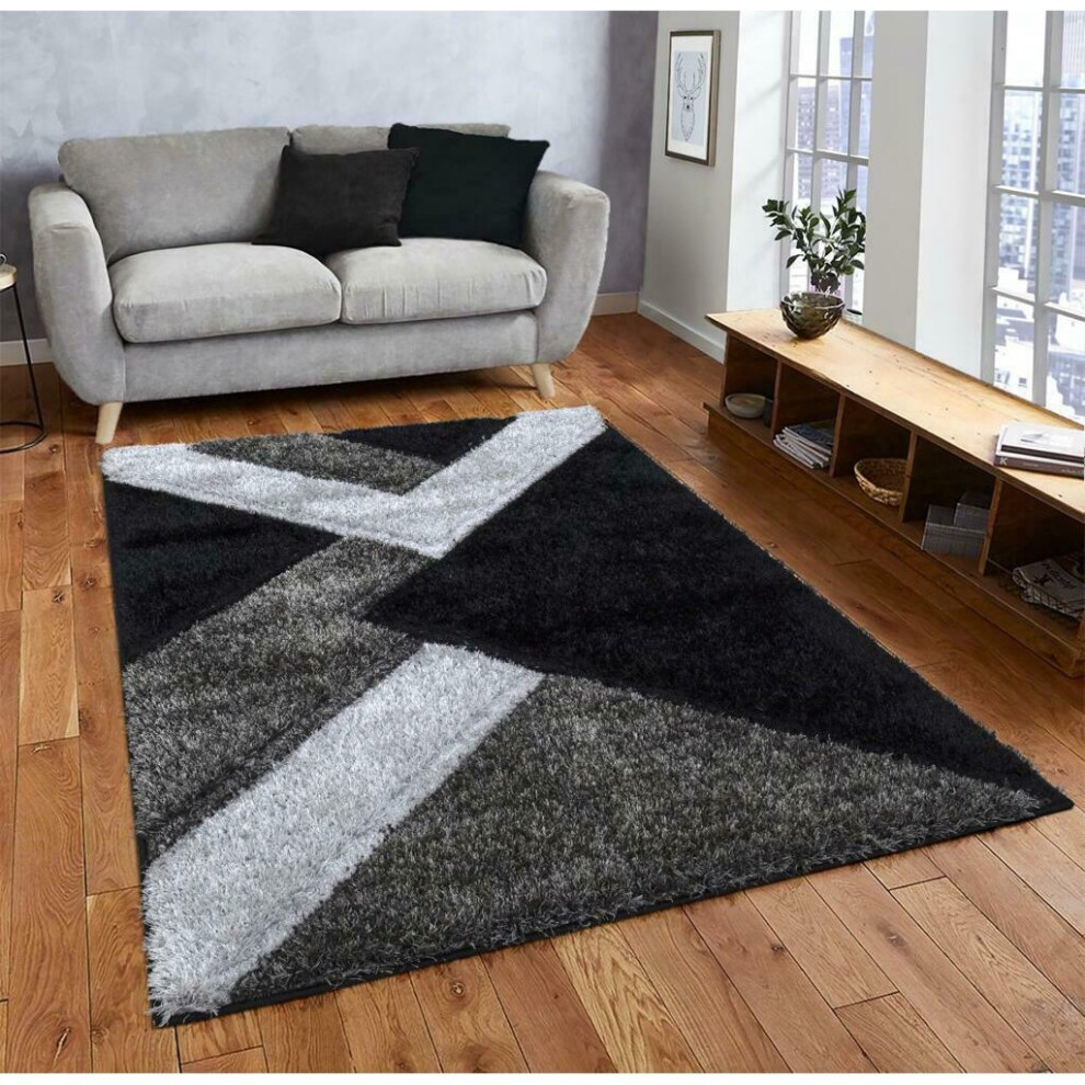 (Black-Grey , 80 x 150 cm ) Modern Shaggy Hallway Runner Living Room NOVA Rugs