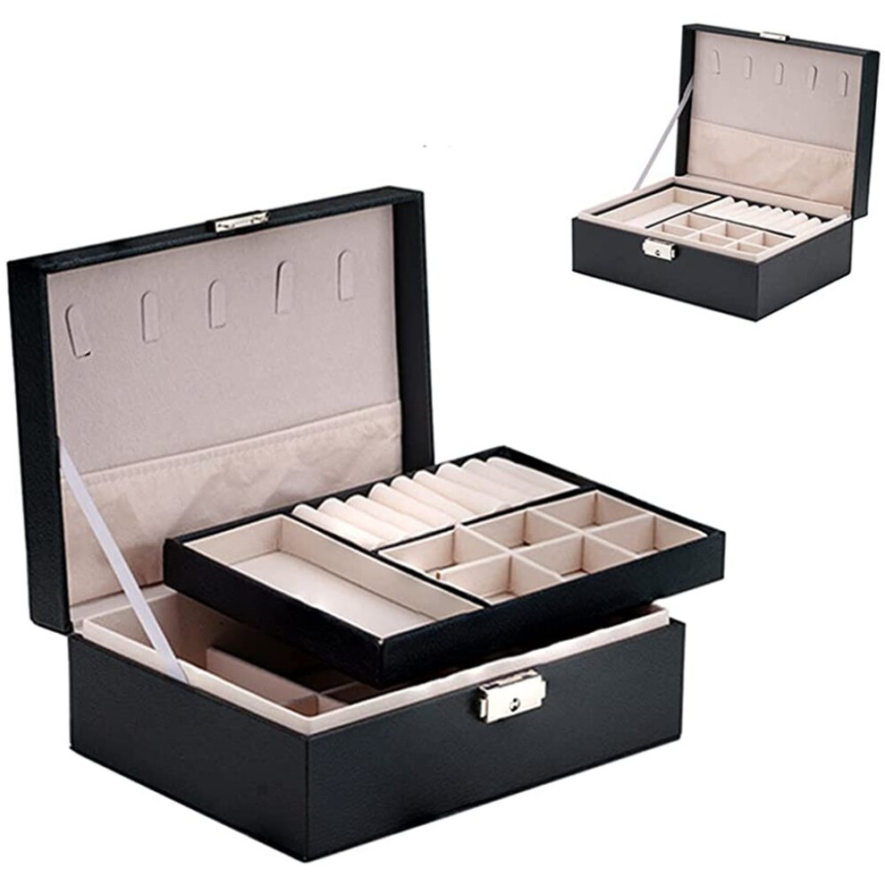 PROVO Jewellery Box Organizer, 2-Layer Leather Jewellery Storage Case with Lock and Removable Tray & Divider, Lockable PU Leather Jewellery Holder for