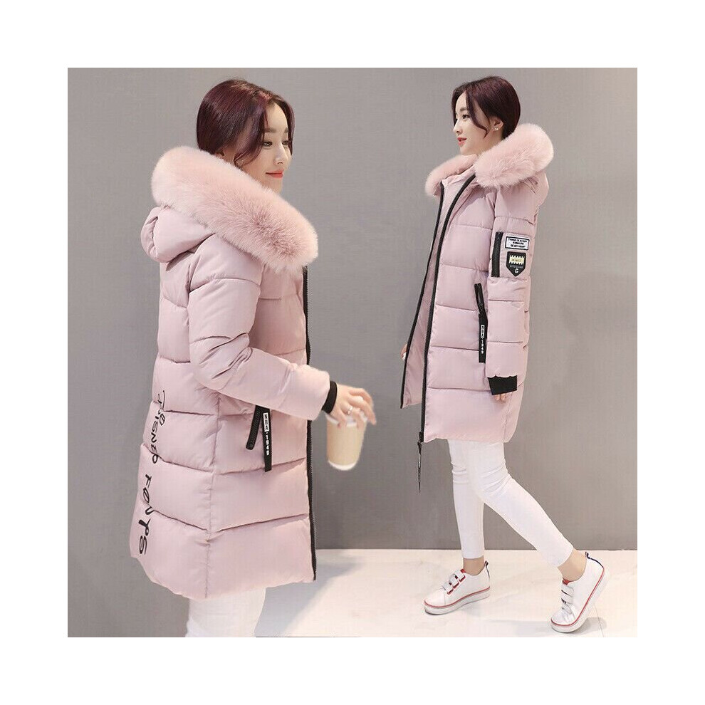 (Pink, XL) Winter Women Warm Long Jacket Fur Hooded Parka Ladies Collar Outwear Coat
