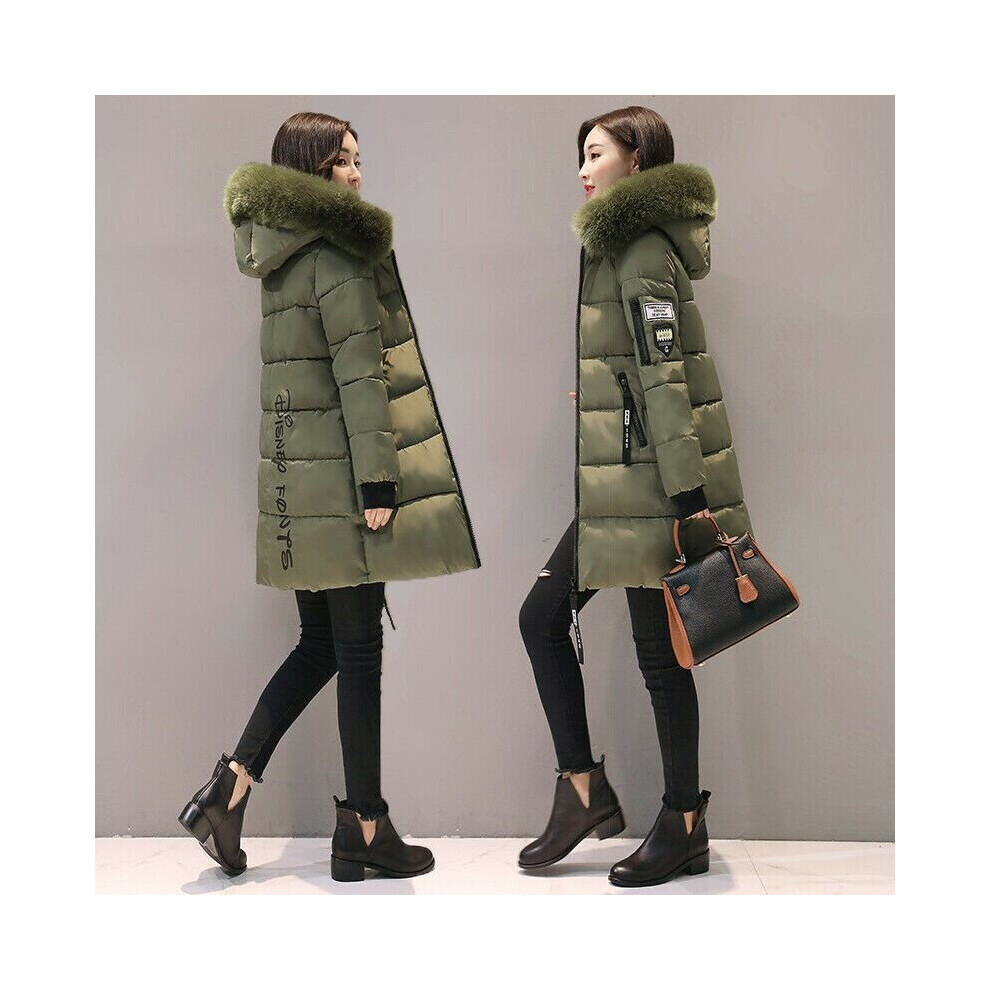 (Army Green, 3XL) Winter Women Warm Long Jacket Fur Hooded Parka Ladies Collar Outwear Coat