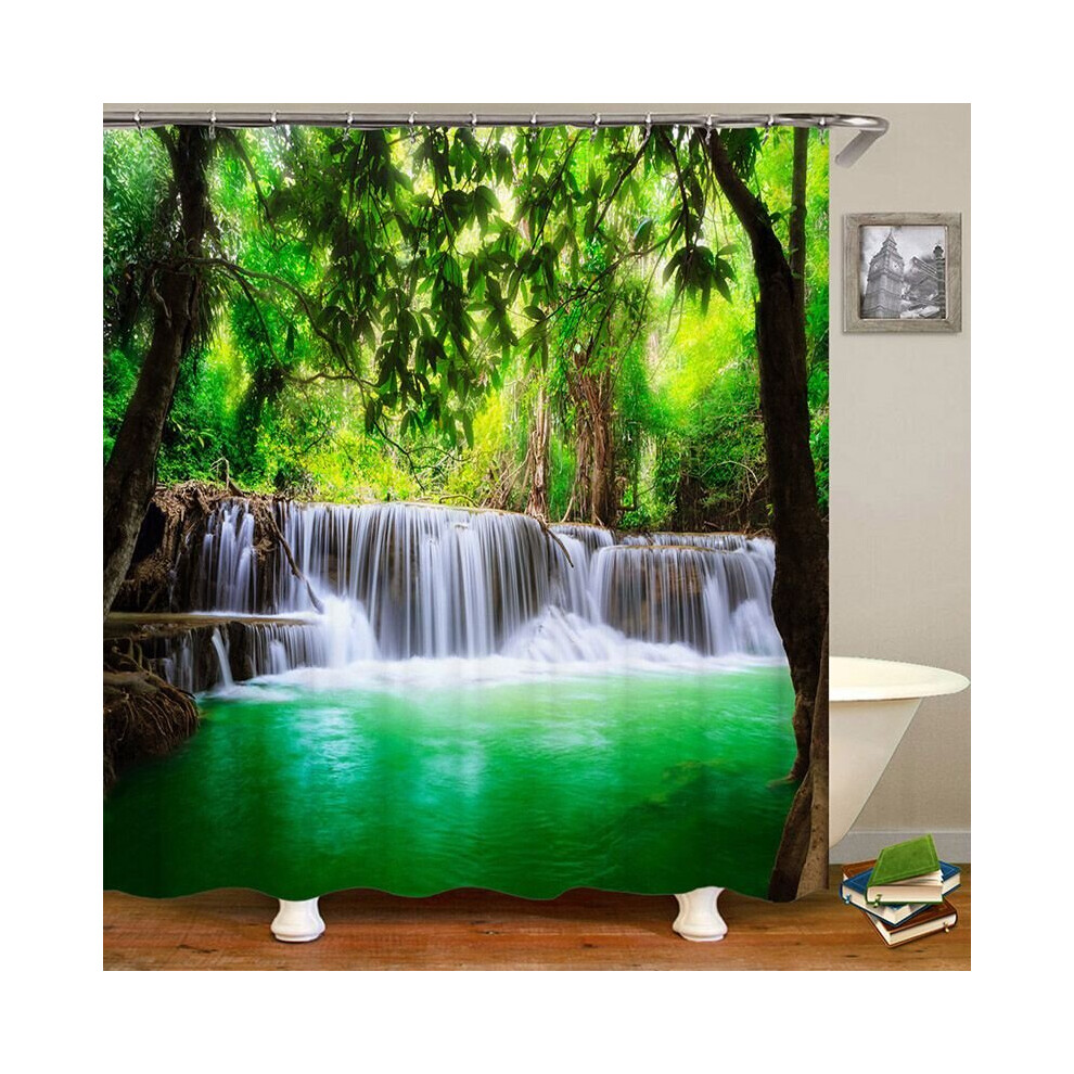 (B, 180x200cm) 12 Hooks Waterproof Bamboo Waterfall Pattern Mildewproof Bath Curtain Shower Curtains