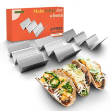 Pack of 4 - Stainless Steel Taco Holder Stand - Truck Tray Style - Each Rack Holds Up to 3 Tacos - Oven, Grill & Dishwasher Safe - Size 8" x 4"