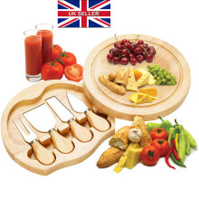 Oval Cheese Wooden Board With Slide Out Drawer Set of 4 Knives Kitchen