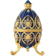QIFU Hand-Painted Enameled Blue Faberge Egg Jewelry Trinket Box – Unique Decorative Gift for Home Decor