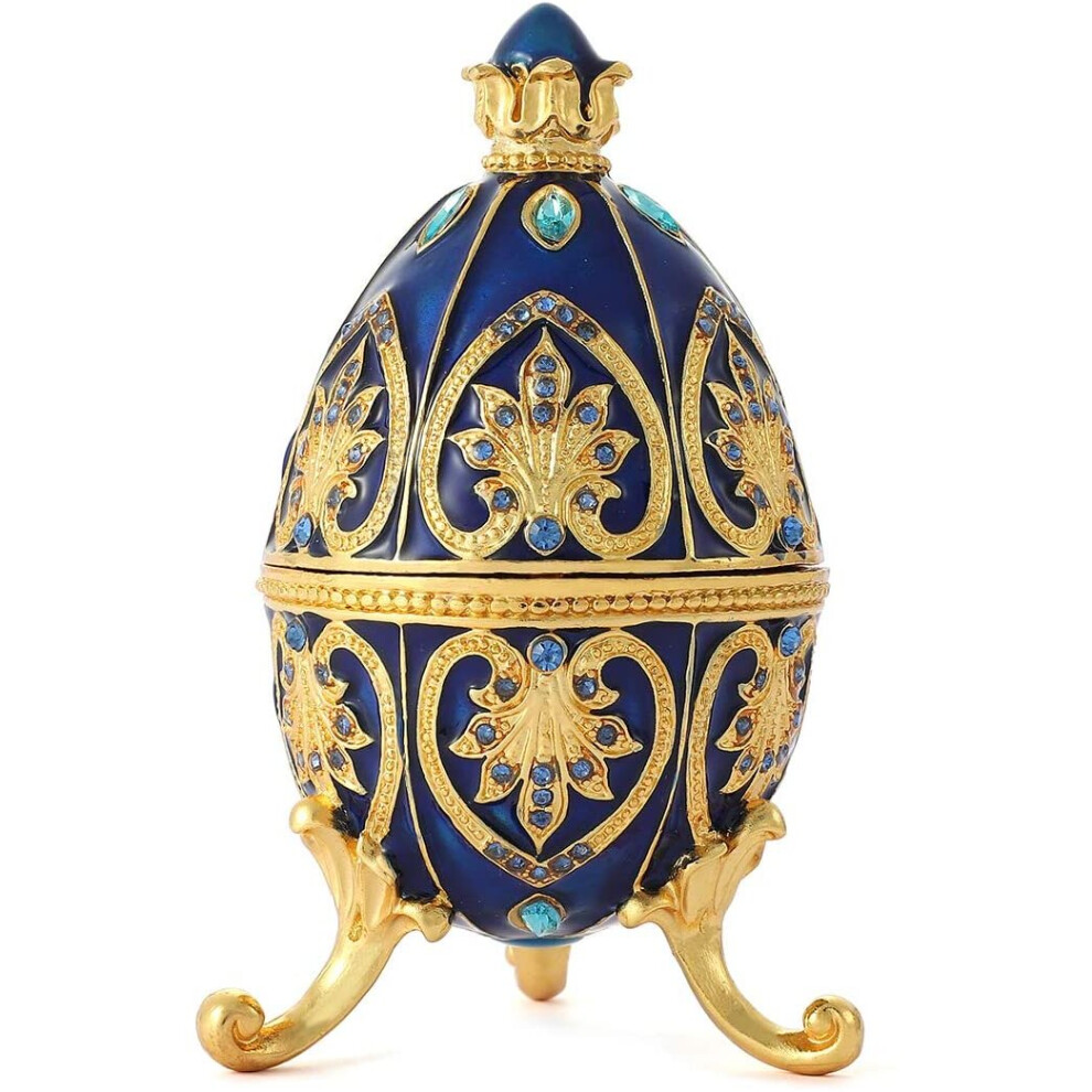 QIFU Hand Painted Enameled Blue Faberge Egg Decorative Hinged Jewelry Trinket Box Unique Gift For Home Decor