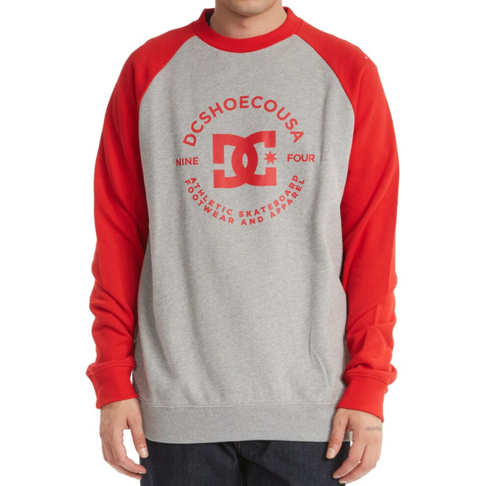 (S, Grey/Racing Red) DC Shoes Mens DC Star Pilot Crew Neck Pullover Raglan Sweater Sweatshirt Top