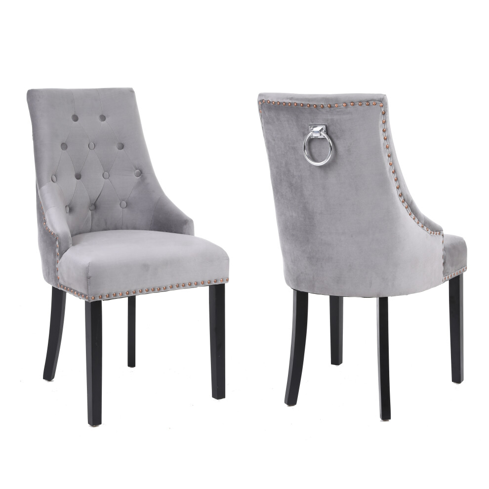 2x Grey Studded Velvet Dining Chair With Ring Knocker Detail