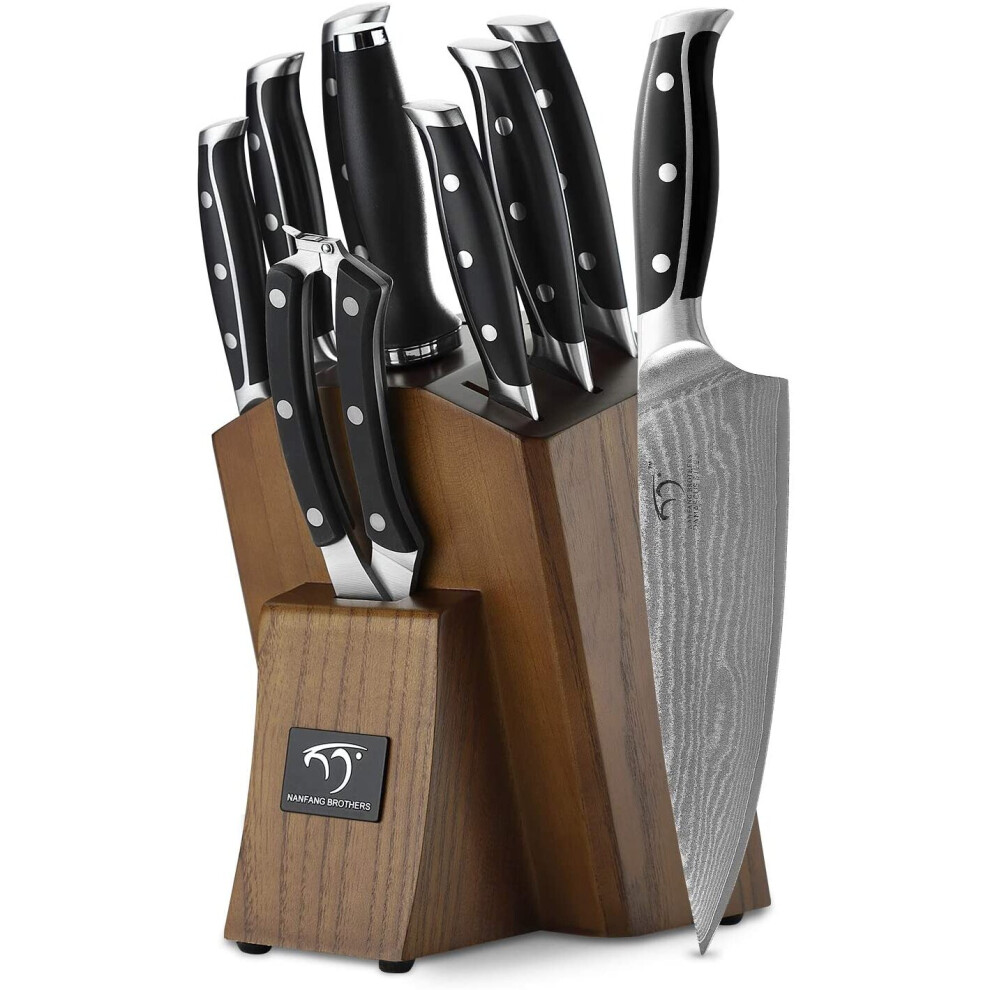 NANFANG BROTHERS 9 Pieces Kitchen Knife Set Sharpening for Chef's Knife Set with Block, Damascus Professional Knife Stainless Steel Steak Knife for