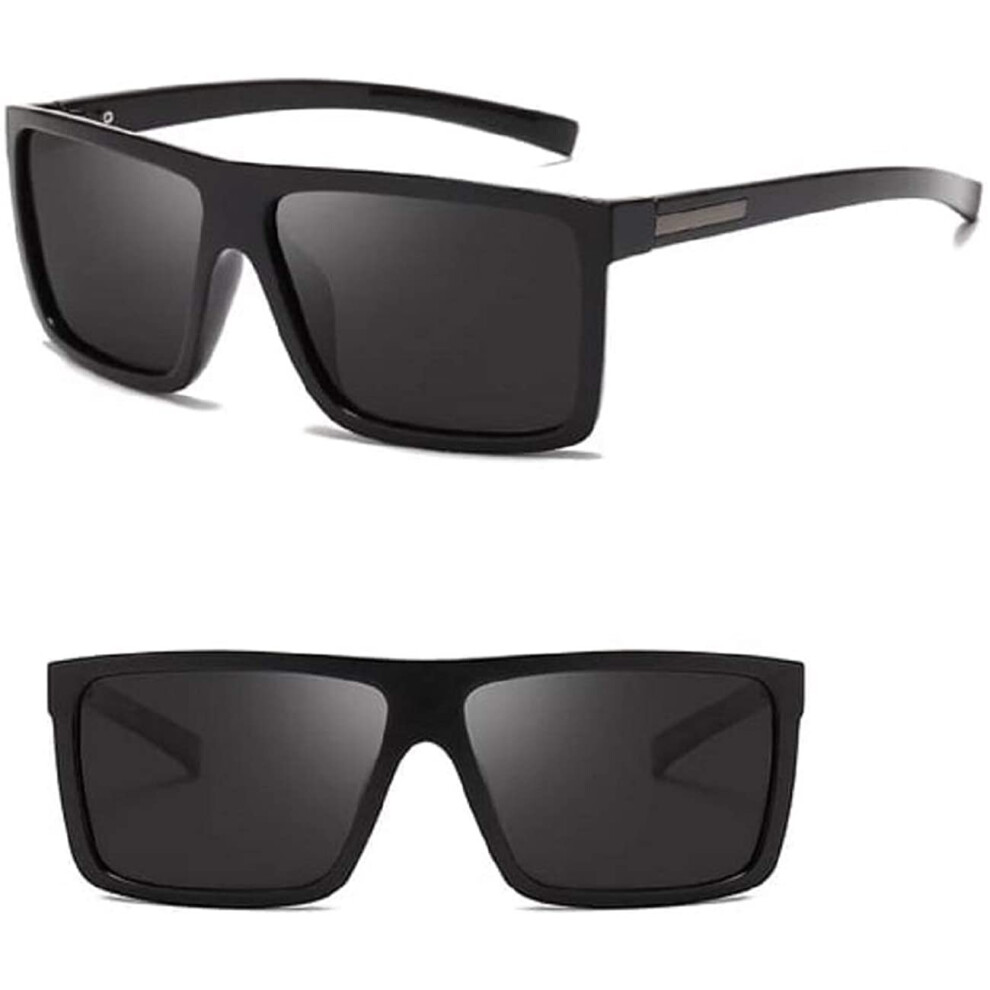 Black Square Sunglasses Mens Polarised Vintage Retro Rectangle Wrap Frame
