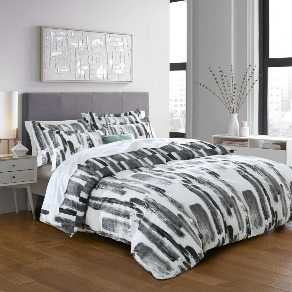 (Grey Striped, Double) Printed Duvet Quilt Covers Reversible Floral Soft Bedding Set All UK Sizes