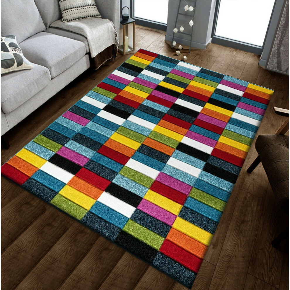 (Multi-Cubes, 60cm x 110cm ) Modern Design Hand Carved Runner Multi Colour Rugs