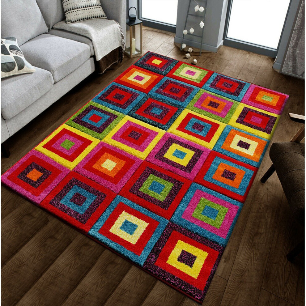 Milano (Squares-Bright, 80Cm X 150Cm) Modern Design Hand Carved Runner Multi Colour Rugs