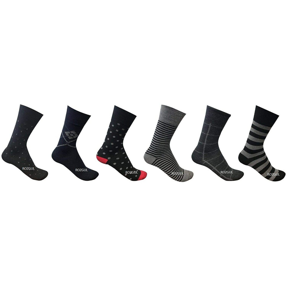 6 Pairs Designed Non Elastic Diabetic Men Easy Grip Loose Soft Top Rich Cotton Socks Uk Size 6-11, Rozgul