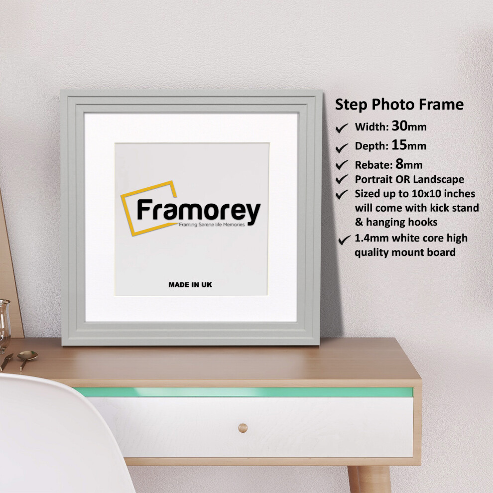 (Grey With White Mount, 60x60CM Pic (70x70CM Frame)) Square Size Grey Picture Frame / Step Style Wall Art Frame / Handmade Wooden Effect Photo Frames With Multicolored Mount