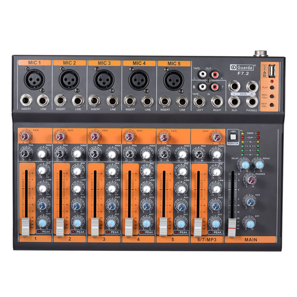 Portable 7-Channel Mic Line Audio Mixer Mixing Console 3-band EQ USB Interface 48V Phantom Power