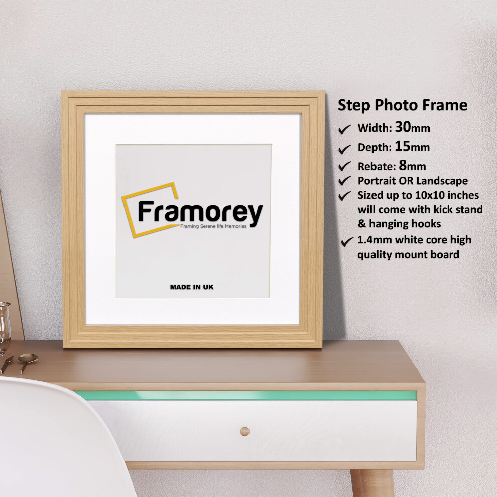 (Oak With White Mount, 14x14" Pic (16x16" Frame)) Square Size Oak Picture Frame / Step Style Wall Art Frame / Handmade Wooden Effect Photo Frames With Multicolored Mount