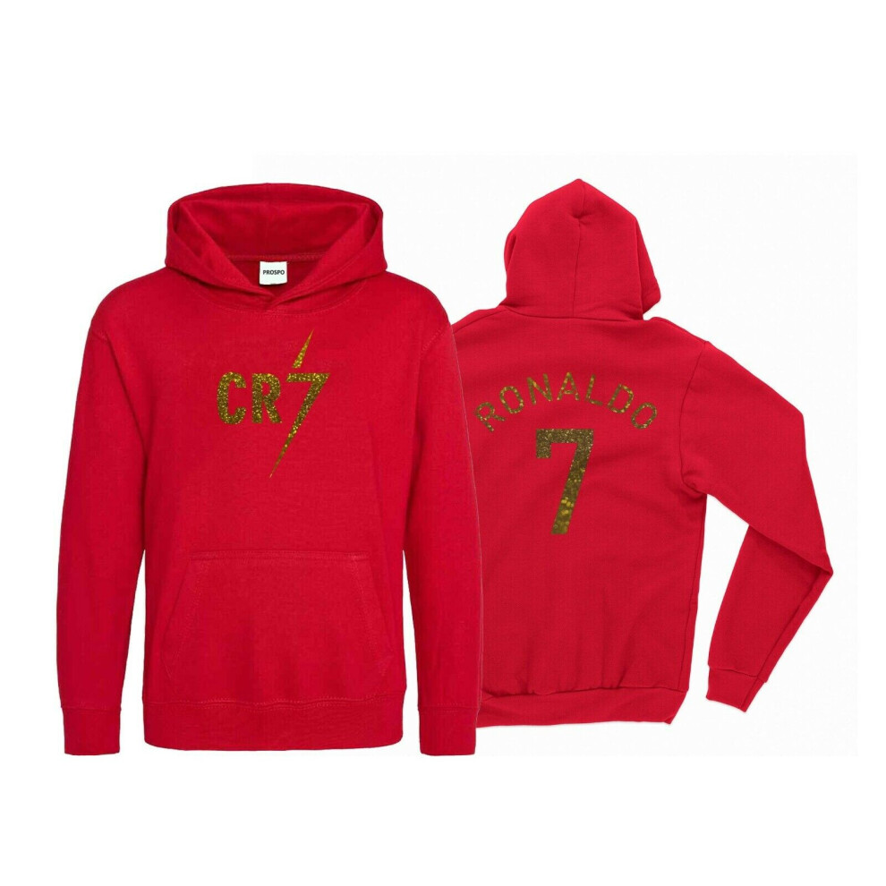 (Fire Red, 9-10 Years) Kids CR7 Hoodie Football Inspired Ronaldo #7