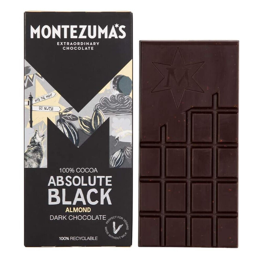 Montezuma's Absolute 100% Cocoa Chocolate With Almonds Glutenfree And Vegan 90G Bar Black/Dark
