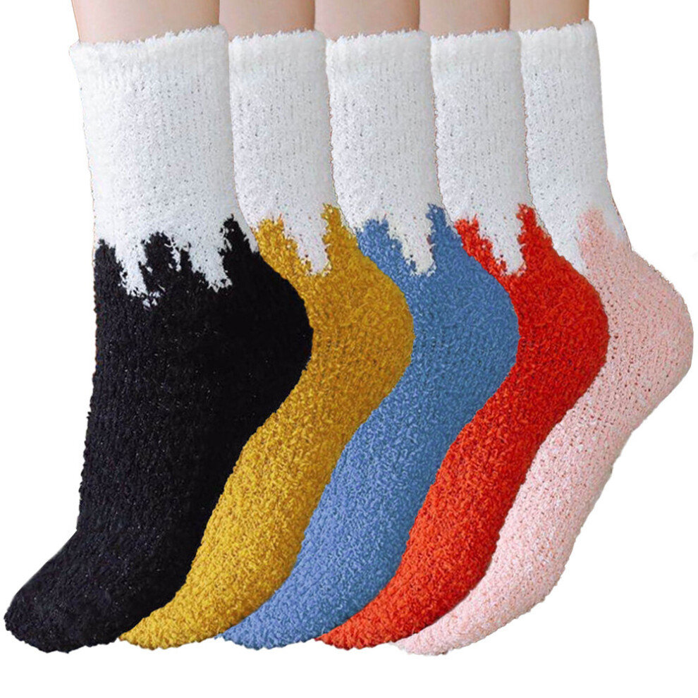 (Patchwork) 5 Pairs Women Winter Fleece Fluffy Socks Girls Warm Soft Fuzzy Thick Crew Cute Socks for Casual Home Sleeping