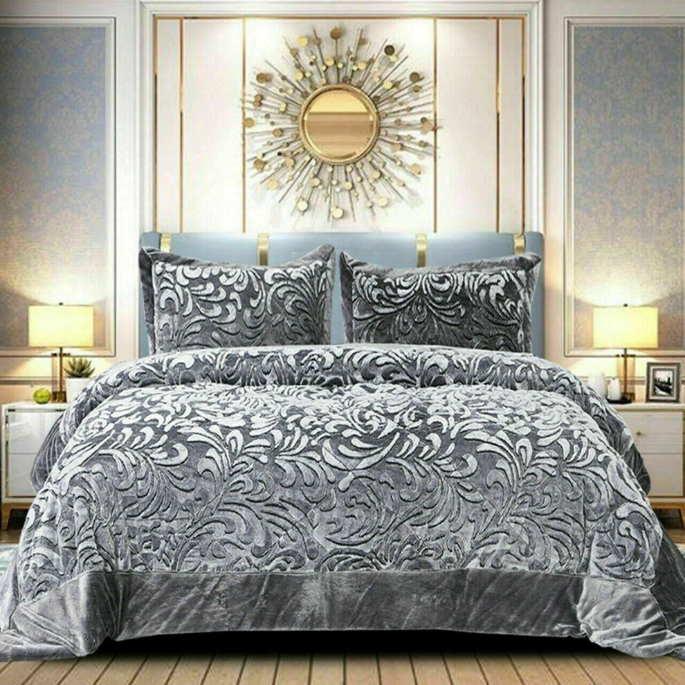 (Grey, King) 3PCs Luxury Teddy Fleece Quilted Modern Bedspread