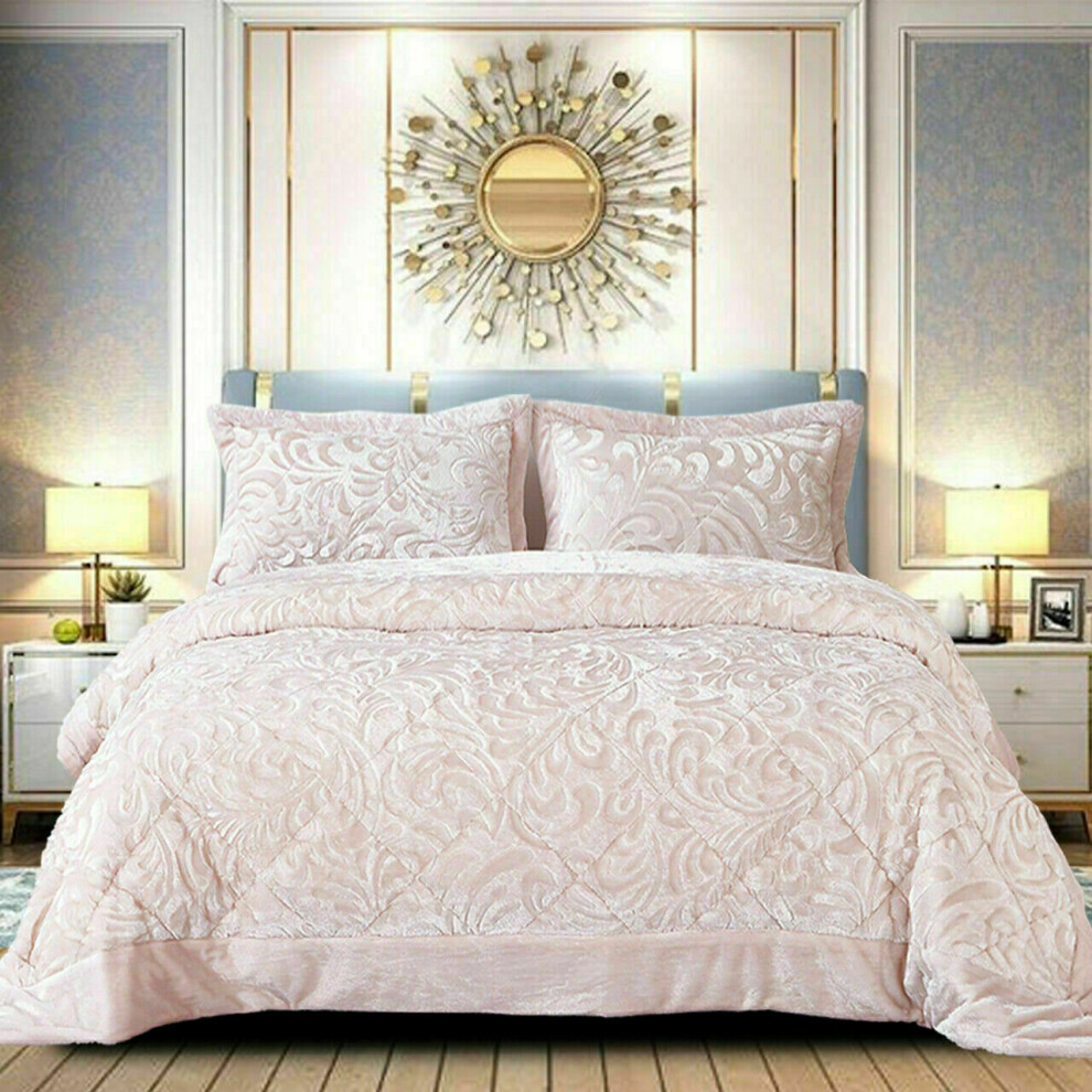 (Pink, Double) 3PCs Luxury Teddy Fleece Quilted Modern Bedspread