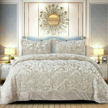 (Beige, Super-King) 3PCs Luxury Teddy Fleece Quilted Modern Bedspread