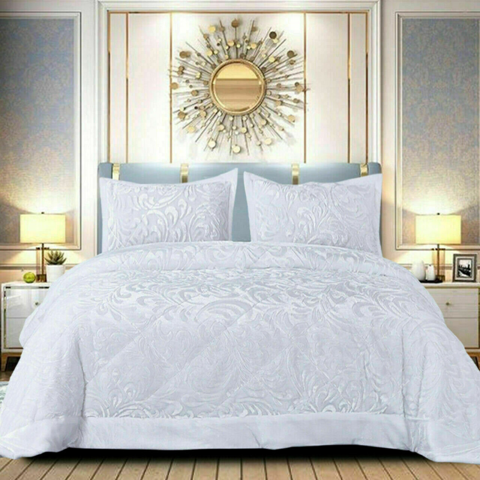 (White, King) 3PCs Luxury Teddy Fleece Quilted Modern Bedspread