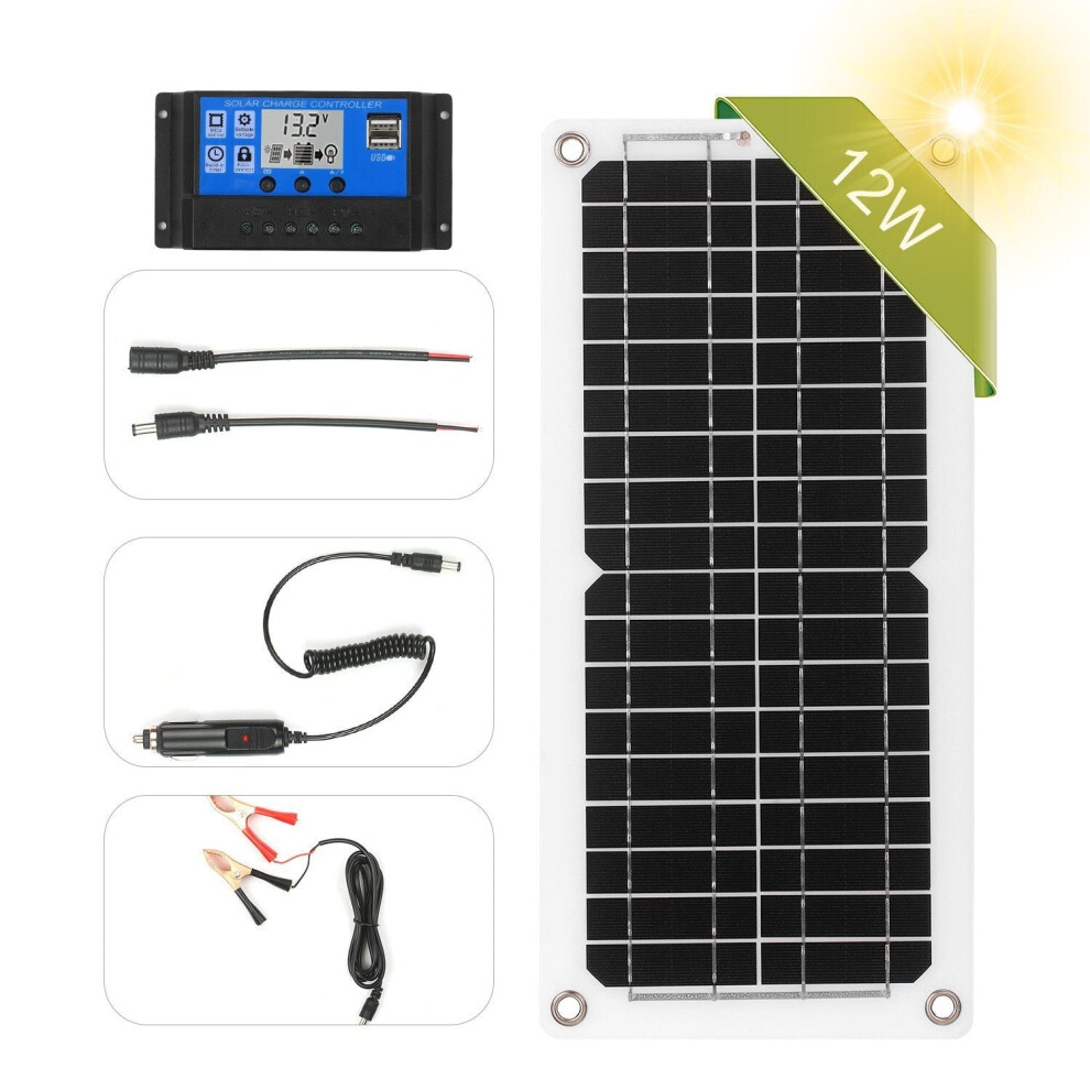 (Panel + Controller) 12W 12V Solar Panel Kit USB Port Off Grid Monocrystalline Module