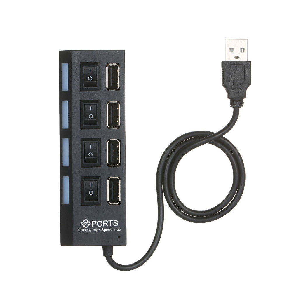 (Black) 4-Ports USB Hub 480Mbps High Speed Data Transfer 2.0 Charging Splitter