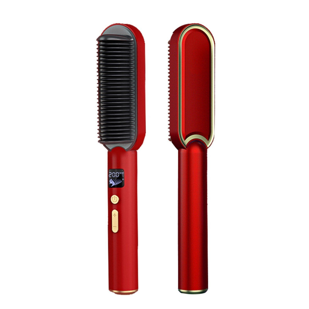 (Red, EU) Ionic Straightener Brush PTC Heated Hair Straightener