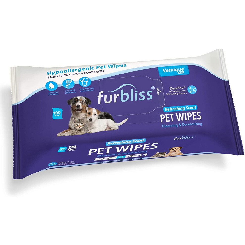 Furbliss Hygienic Pet Wipes For Dogs & Cats, Cleansing Grooming & Deodorizing Hypoallergenic Thick Wipes With All Natural Deoplex Deodorizer,