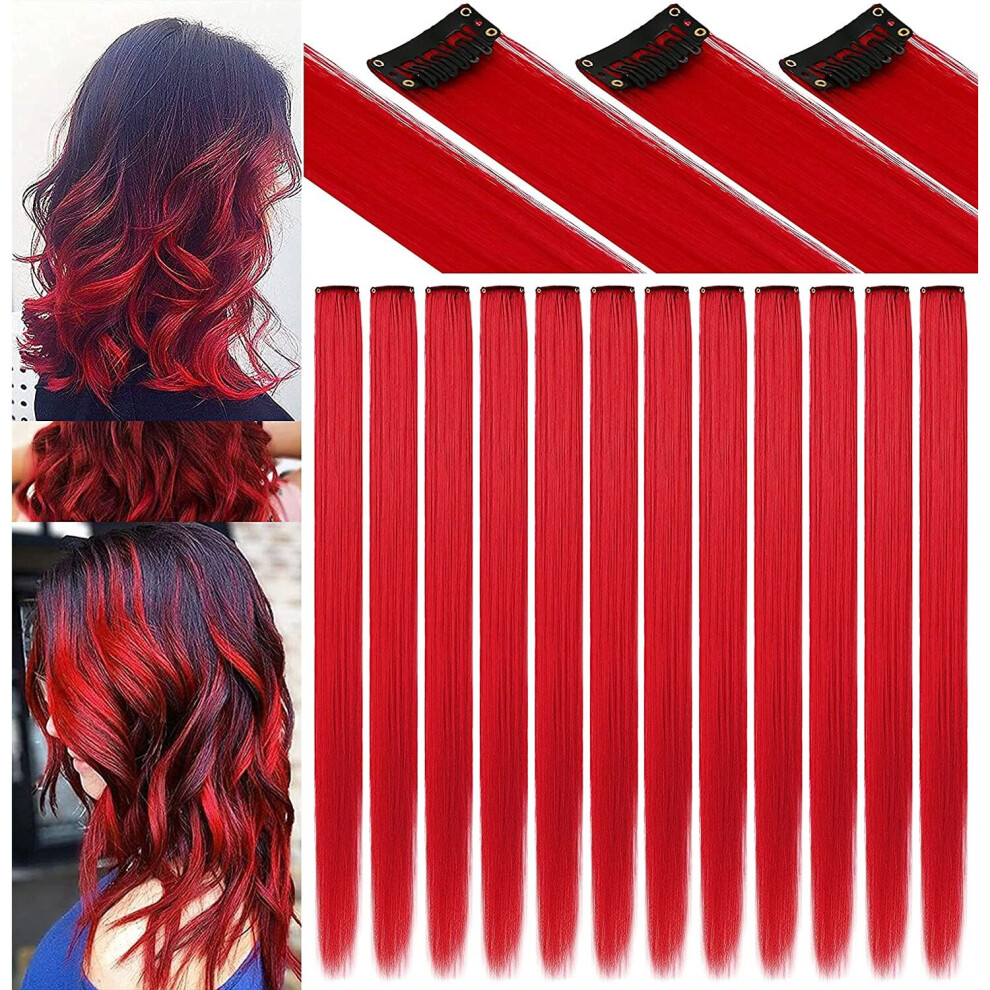 Fairy Color 12Pcs Princess Colorful Extensions Multi-Colors Party Highlights Streak Synthetic Hairpieces Clip-In/Clip On Colo Hair Extensions( Red